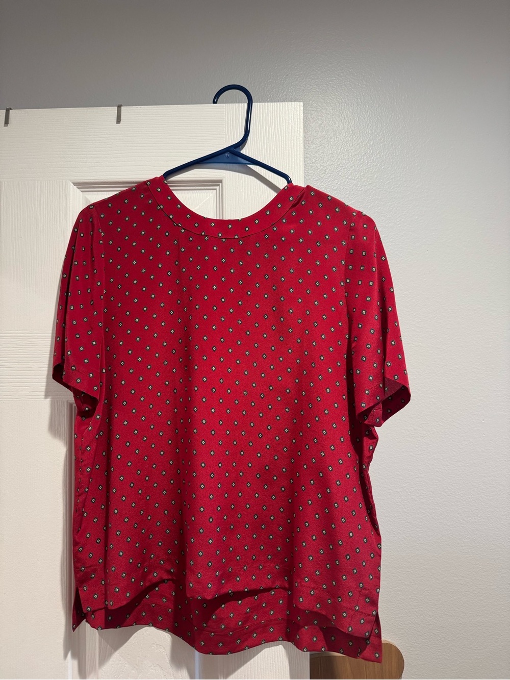 Madewell Red Blouse with Navy and Cream Geometric Motif
